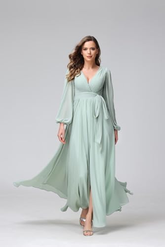 SYYS Long Sleeve Bridesmaid Dresses for Wedding with Slit Flowy Chiffon Formal Dresses with Pockets SYYS0953