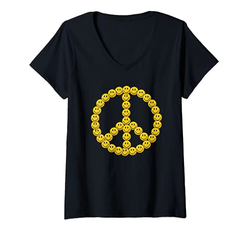 Mujer Emoticono Hippie Smiley 70s & 80s Signo de Paz Paz Mundial Camiseta Cuello V