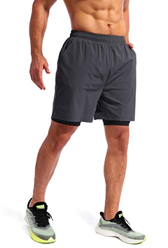 Image of Pudolla Men's 2 in 1 Running Shorts 5 inch Quick Dry Gym Athletic Workout Shorts for Men with Phone Pockets