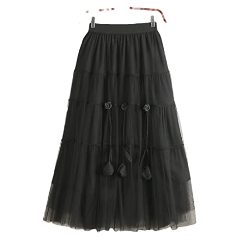 Jupe mi-longue taille unique femme en tulle style bohème chic noir brodé