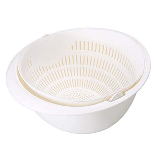 Double Drain Basket Vegetables Fruit Basket Rotatable Rice Washing Bowl Kitchen Colander Strainer(White)