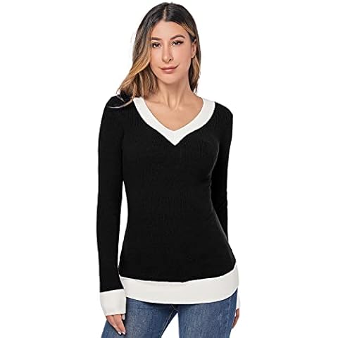 J.Corrine Women's Color Block V Neck Jumpers Sweaters Panelled Slim Fit Pullover Sweaters Top Black Cover