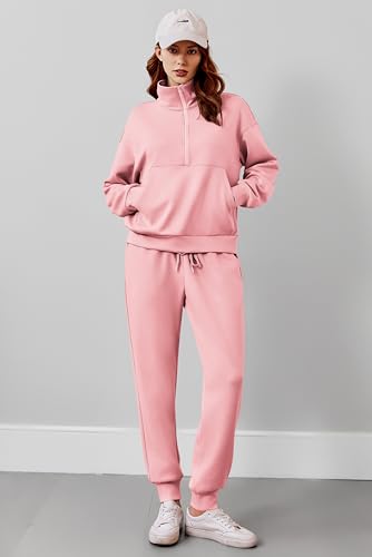 Image of PINSPARK 2 Piece Sets for Women Long Sleeve Half Zip Tracksuit Jogger Sets | 2026 Fall Travel Outfits Lounge Set, Lightweight Soft Air Layer Fabric, Kangaroo Pocket Sweatshirt, Drawstring Joggers Pants