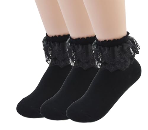 Image of Women Double Layer Ruffle Socks with Lace Trim - Princess Dress Socks, 3 Pairs