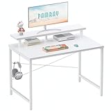 Pamray 32 Inch Small Computer Desk with Monitor Stand, Simple Office Desk with Headphone Hook for Small Spaces, Kids Study Writing Table for Bedroom, White