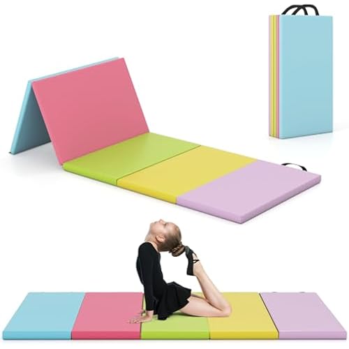 Goplus Gymnastics Mat, 6'x4' 3-Panel/6.6'x2.5' 5-Panel Folding Tumbling Mat w/Carrying Handles, Hook&Loop Fastener, Portable PU Leather Rainbow Exercise Mat for Home Gym Aerobics Yoga