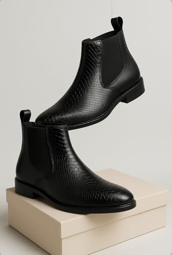 Image of Men's Leather Chelsea Boots | Ankle Boots with Textured Finish Formal & Smart Casual Boots | Comfortable Fit, Trendy, Stylish Boots | Leather Boots for Office /Fashionable