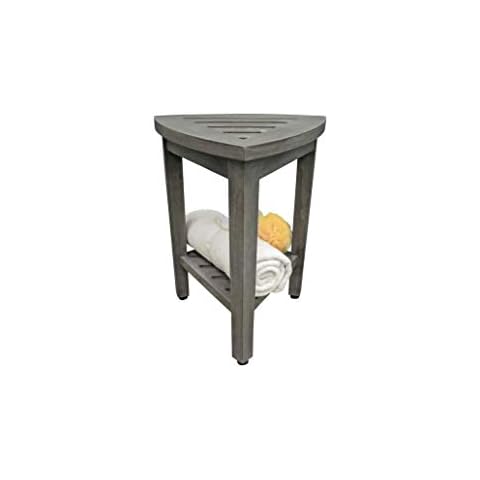 CoastalVogue Teak Shower Corner Stool Wood Corner Shower Seat Spa Bench with Shelf, 15" Corner Shower Foot Stool in Antique Gray Finish Cover