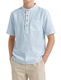 Spring&Gege Jungen Leinen Henley Hemd Kurzarm Sommerhemd Einfarbig Shirt Regular Fit Casual Urlaubshemd im Ferienstil(Blau,11-12 Jhare)