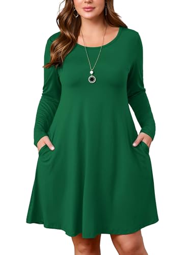 Image of AusLook Women's Plus Midi Dress Long Sleeve Crew Neck A-Line Swing Flowy Vacation Fall Wedding Guest Dresses with Pocket 1-5X