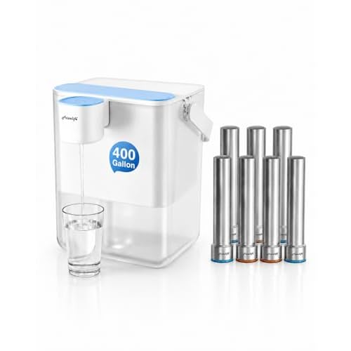 Frizzlife MD40 Electric Water Filter Dispenser with 2 Filters, 400 Gallon, NSF/ANSI 53&42&372, Reduce Lead, PFAS, 6 Months Filter Life Pitcher, Countertop Rechargeable Instant System