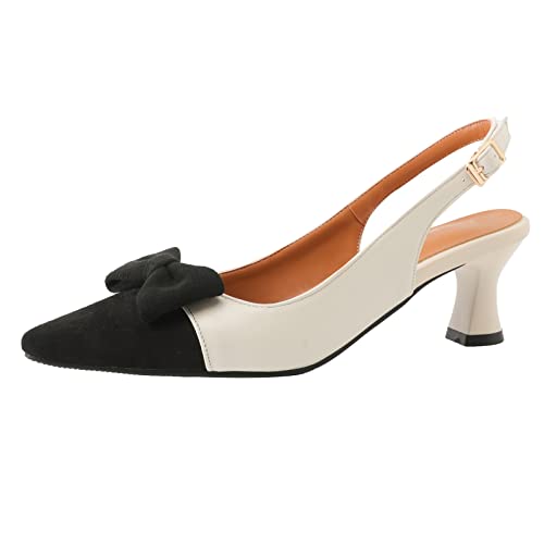 OALEEN Chaussures Escarpins Femme Petit Talon Sexy Bride Arrière Eté Style Cuir Noeud Bout Pointu Soirée Mariage Noir Beige 45