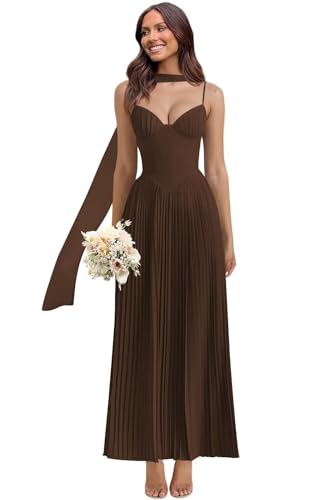Bridesmaid Dresses for Women Drawstring Spaghetti Straps Pleated Maxi Dress Scarf Satin DN054