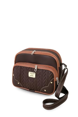 Bolsa Feminina Media Transversal Couro Ecológico – Moderna e Versátil - 3 Compartimentos com Zíper, Alça Ajustável (Preto/Marrom) (Marron)