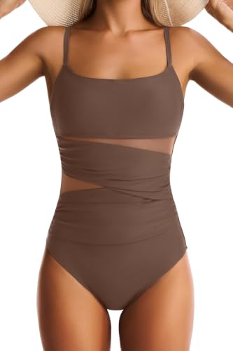 EVOCRCO One Piece Swimsuit for Women Tummy Control Mesh Bathing Suits Sexy Push Up Swimsuits Slimming Square Neck Swimwear Brown