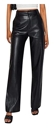 Pantalones de cuero para mujer de corte recto y pierna ancha ideal para looks casuales