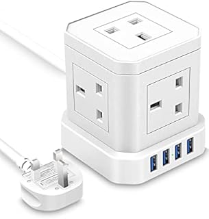 Cube Extension Lead with 4 USB Slots, Extension Cable 2M with 5 AC Ports, Extension Cord Surge Protected 13A 3250W, Multi 9-in-1 Power Extension Cube for PC/ Phone/ Laptop/ Speaker/ TV, White