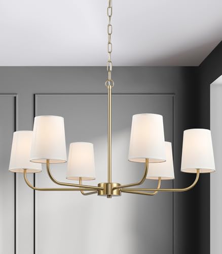 QUENEY 6-Light Brushed Gold Pendant Chandelier with White Linen Shades, E12 Base - Farmhouse...