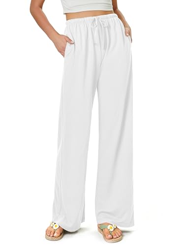 keriffe Summer Outfits Flowy Palazzo Pants for Women 2025 High Waisted Wide Leg Beach Casual Vacation Pants Trousers Pockets White