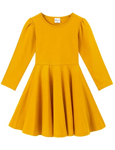 Noomelfish Girls Long Puff Sleeve Swing Dress Casual Cotton Twirly Skater Dresses with Pockets (2-12 Years)