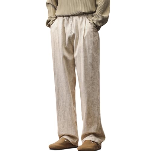 Men's Cotton Linen Pants Elastic Waist Straight-Leg Casual Loose Fit Lightweight Work Business Trousers