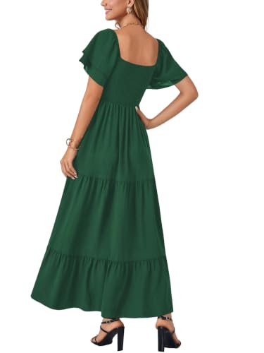 Image of LYANER Women's Square Neck Midi Dress | Summer Ruffle Short Sleeve Smocked Tiered Ruched Flowy A Line Party Casual Dresses