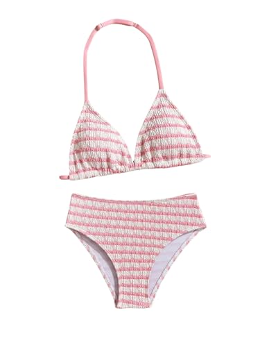 Image of RoseSeek Girl's Tie Dye Smocked 2 Piece Swimwear Sets Backless Halter Bikini Cute Brief Bathing Suit