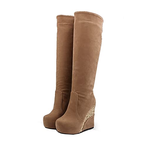 UniqueStride Womens Glitter Wedge Knee High Boots Platform High Heel Slip On Faux Suede Autumn Winter Boots