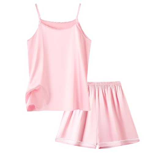 Girls Silk Pajamas Satin Sleepwear Cami Shorts Matching Pj Set, Pink, 11-12 Years = Tag 160