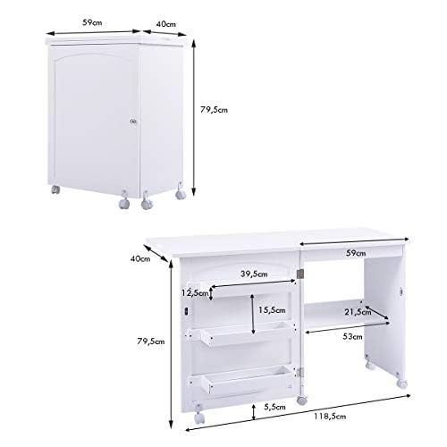 FANTASK Mesa de Costura Plegable 2 en 1 de Madera con 3 estantes para bobinas y Ruedas con Bloqueo, Color Blanco