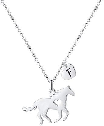 Horse Jewelry for Girls 10-12, Girl's Teen's Horse Necklace on an 16" Cable Chain with a 2.5" Extender Stainless Steel Kids Heart Initial Necklace F Letter Necklace Horse Gifts for Horse Lovers