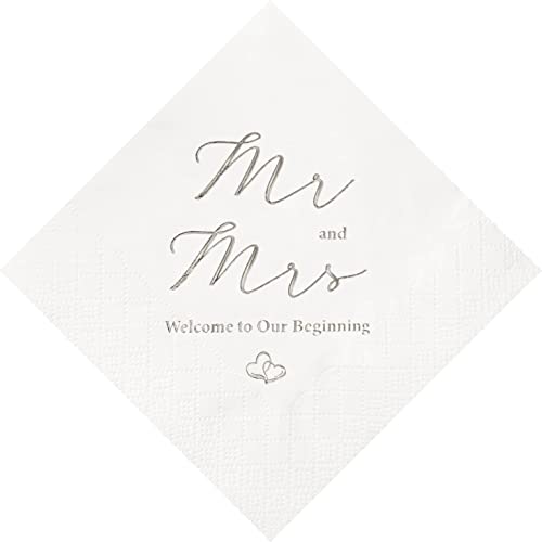 Crisky Silberfolie Mr and Mrs Hochzeit Cocktail Servietten 100 Stück für Hochzeit Party Empfang Dessert Kuchen Tischdekorationen Willkommen bei unseren Anfängern Einwegservietten 3-lagig Cover