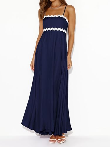 Image of PRETTYGARDEN Women Spaghetti Strap Boho Maxi Dresses Flowy | Sleeveless Smocked Long Dress, Striped Trim Flowy Dress Pockets, Elegant Square Neck Beach Sundress, Casual Summer Outfits