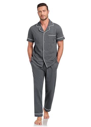 Image of COLORFULLEAF 100% Cotton Mens Pajamas Set Short Sleeve Loungewear with Long Pants Button Down Sleepwear Soft Comfy Pj for Men