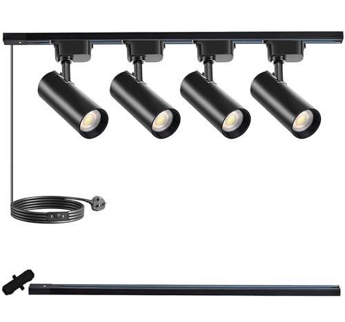 Image of Black J&L Track Lighting Kit, 4 Track Lights 3000K 25W 2700lm Energy Saving Super-Bright Dimmable Spotlight with 1M Track Rail, Cool White Adjustable Angle Light Heads