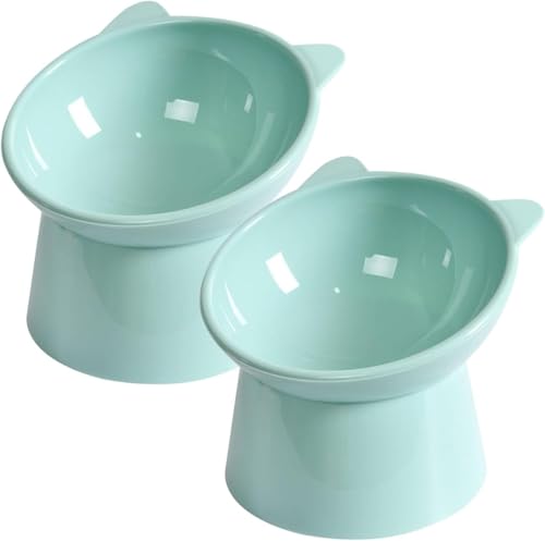 Elevated Cat Food Bowl 2 Pack Azonee Anti-Vomiting Slanted Cat Feeding Bowl Whisker-Friendly Shallow Design Cute Tall Green Cat Bowl for Comfortable Eating (Green)