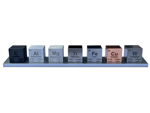 Image of 1 inch Element Cube Set - 7 Pure Metal Density Cubes with Engraved Atomic Data - Precision Machined Science Specimens + Display Stand - Periodic Table Gift