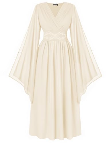 Scarlet Darkness Damen Renaissance Kostüm Wickelkleid V-Ausschnitt Mittelalter Kleid geteilte Glockenärmel Stickerei Feenkleider, aprikose, Klein