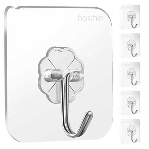 HASTHIP Plastic, Metal ® 5 Pack Adhesive Hooks for Hanging Wall Hooks Removable Sticky Hooks for Bathroom, Kitchen Waterproof Ultra Adhesive Wall Hooks (Clear)