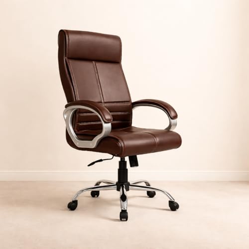 Image of INNOWIN Phantom High Back Leatherette Office Chair with 3 Years Limited Warranty | Ergonomic Leather Orthopedic Executive Boss Chair with Spacious Cushioned Seat | Heavy Duty Metal Base | Brown