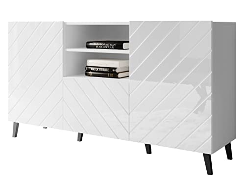 Cómoda Mucodi con 2 puertas, cajón y compartimentos, aparador, armario multiusos, aparador, vestíbulo y pasillo, aparador, armario de salón, juego (blanco/blanco brillante)