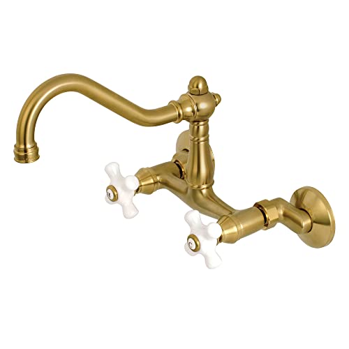 🛒 Crazy Deals Kingston Brass KS3227PX Vintage 6" Adjustable Center Wall Mount Kitchen Faucet, Brushed Brass
