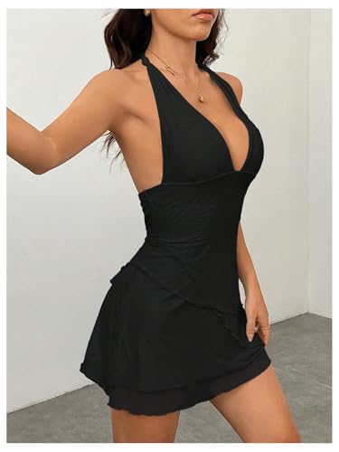 Image of SOLY HUX Women's Deep V Neck Halter Mesh Sleeveless Bodycon Mini Dress Party Beach Vacation Clothes