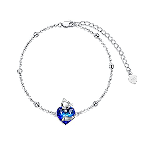 925 Sterling Silver Cute Cat/Fox Link Bracelet with Heart Crystal from Austria, Animal Jewelry Gifts for Women