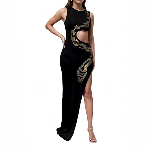 Sexy Maxikleider für Damen, Abschlussball, schwarz, mit seitlichem Cutaway, Python-Muster, Strass, Seitenschlitz, Vestidos, Schwarz, Groß