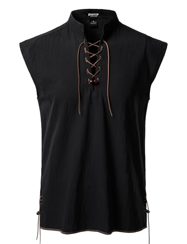 JEMITOP Mens Retro Renaissance Costume Lace Up Sleeveless Shirts for Pirate Medieval Viking Halloween Cosplay Black L
