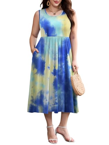 Image of LARACE Women's Plus Size Sleeveless Maxi Dress Casual Crew Neck Pleated Flowy Long Dresses with Pockets L-6XL