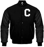 Letterman Varsity Baseball Bomber Jacket Genuine Leather Sleeves Wool Body Jackets Team Colors Option (M, Solid Black),ANMS-PN-69