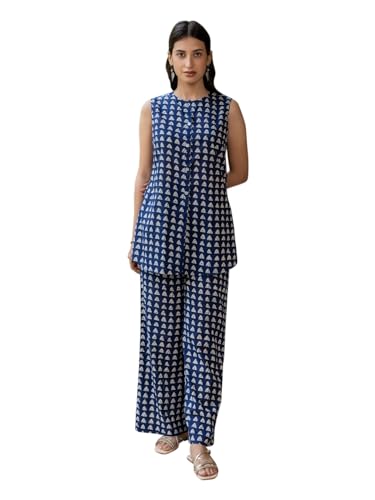 Image of FIORRA Women's Navy Blue Cotton Printed Co-ord Set