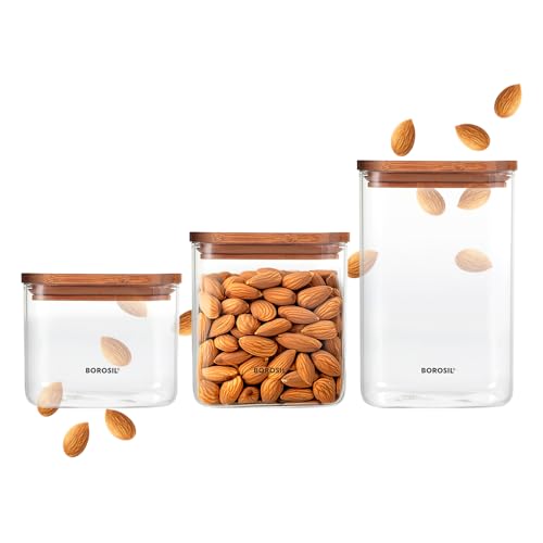 Image of Borosil 600ml Storage Jar Set with Bamboo Lid | Made in India Borosilicate Glass Dishwasher Safe Container for Kitchen | Multipurpose Kitchen Organizer for Cookie & Dals